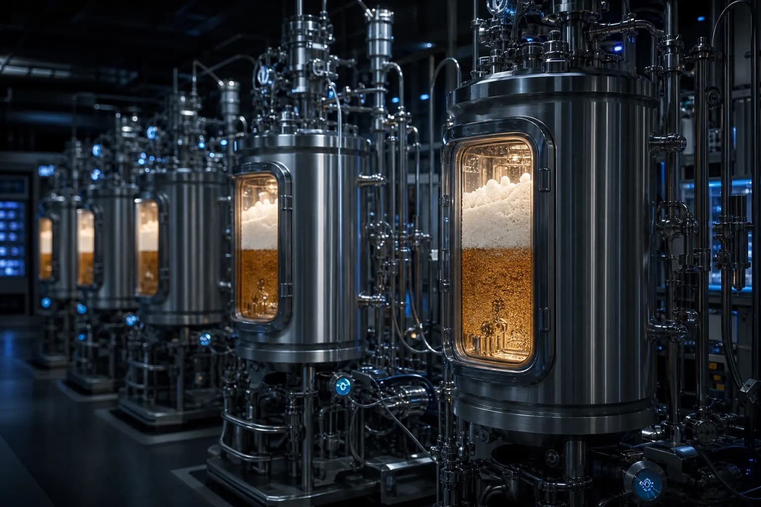 Precision fermentation bioreactors in a dark industrial hall.