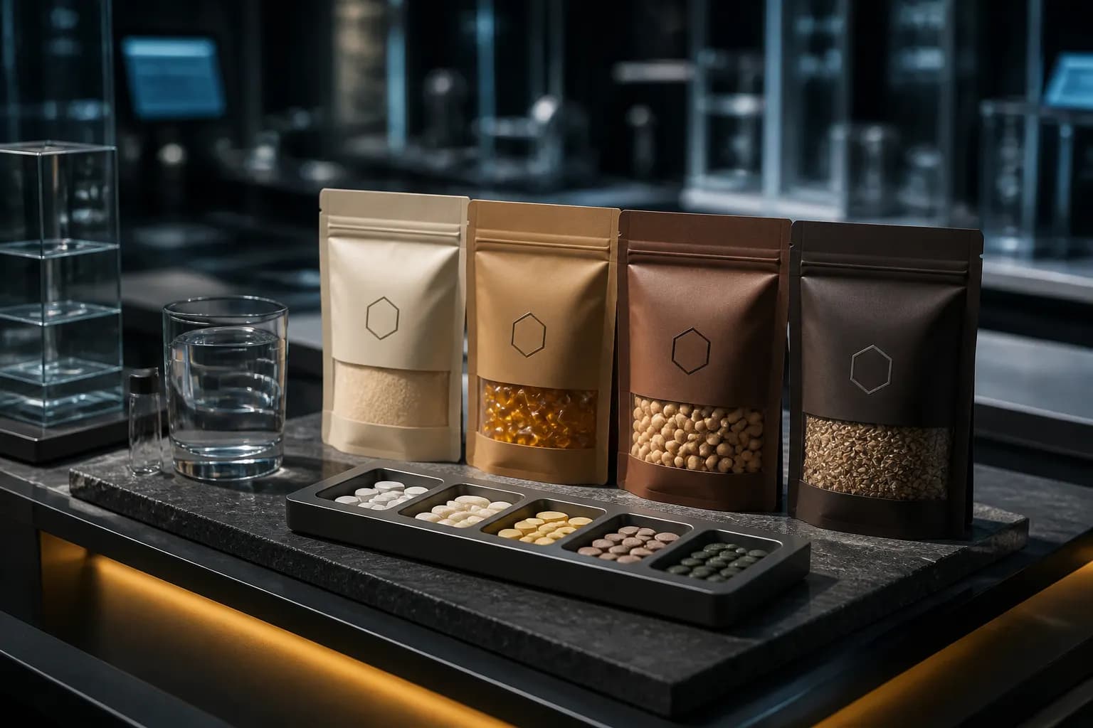 Compact personalized nutrition packs and microtablets on a dark laboratory table.