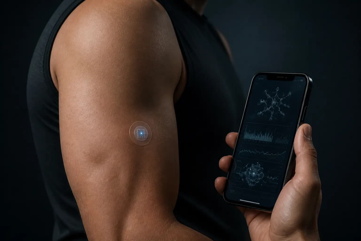 Upper-arm sensor and phone in a dark clinical studio.