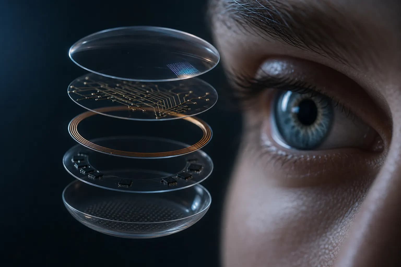 Exploded scientific view of a smart contact lens showing stacked optical and electronic layers.
