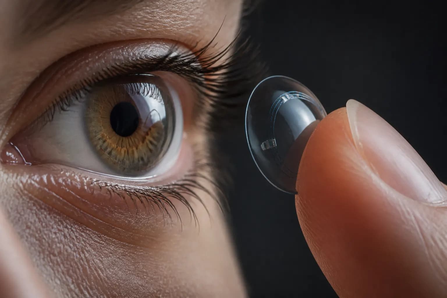 Extreme close-up of an eye with a nearly invisible smart contact lens held on a fingertip.