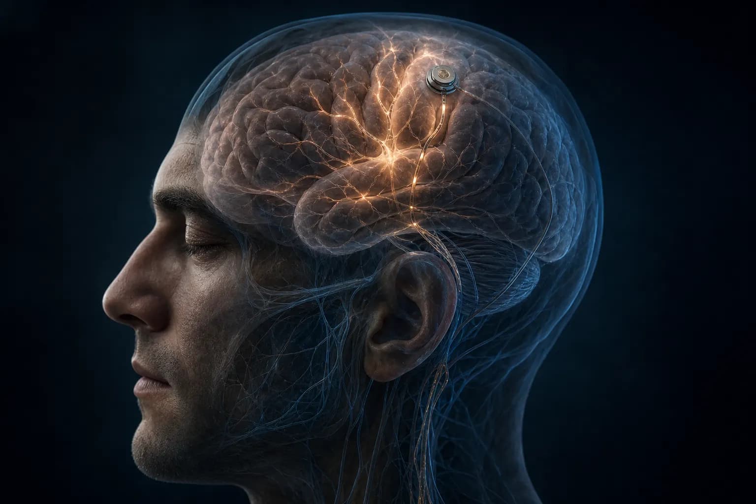 Translucent anatomical study of a human head and brain with a restrained cortical interface.