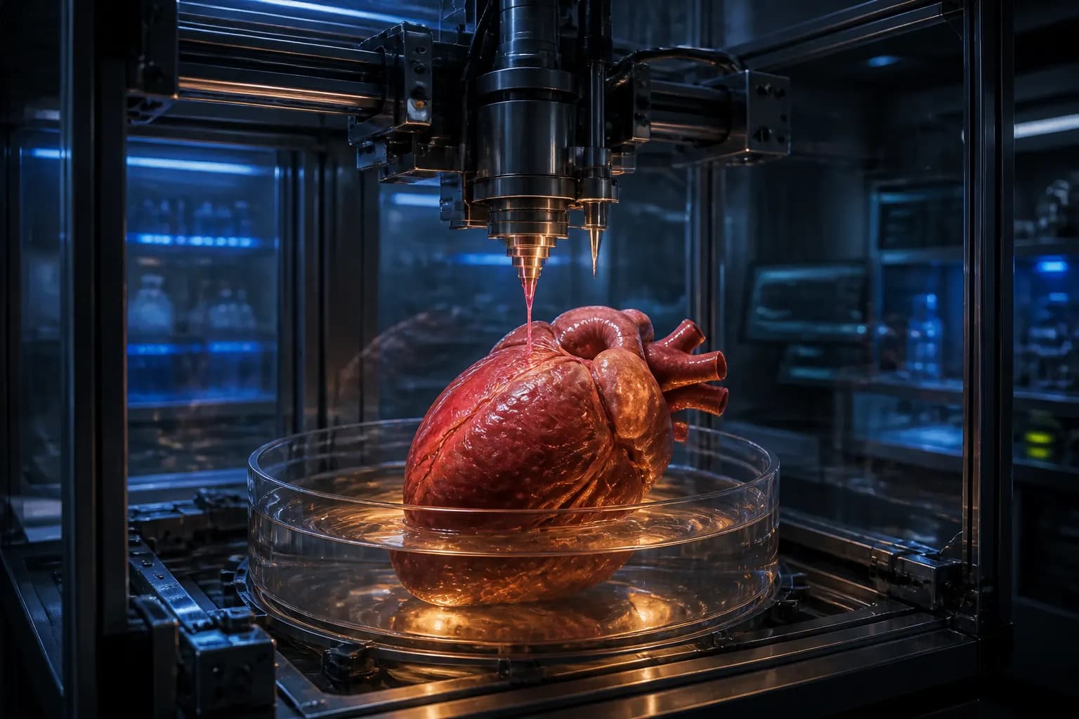 A bioprinter depositing living tissue onto a heart form in a dark laboratory.