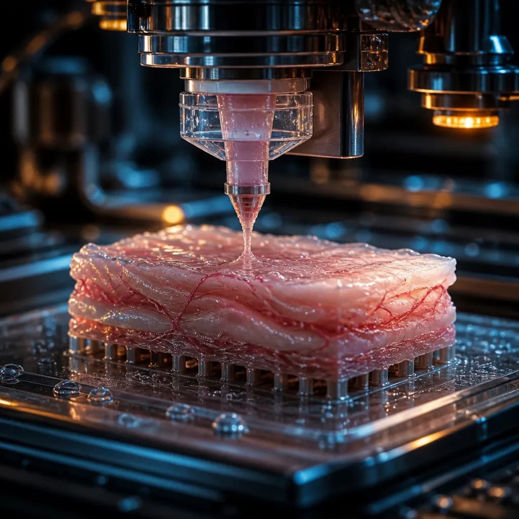 Bioprinting nozzle depositing living tissue.