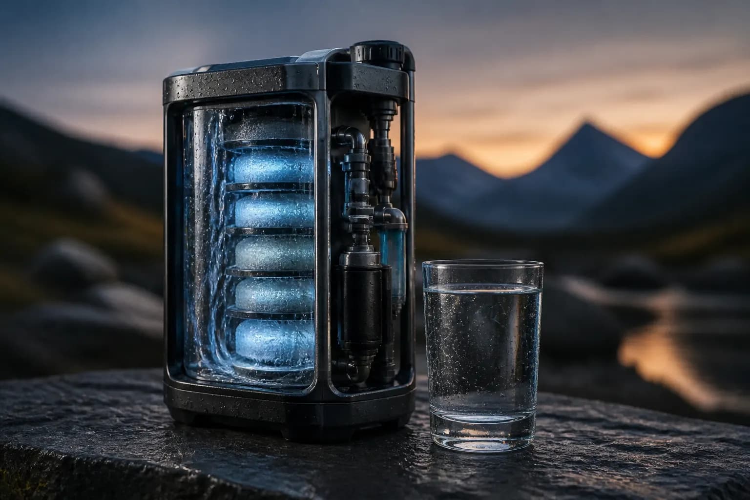Compact rugged water module beside a glass of clear water.