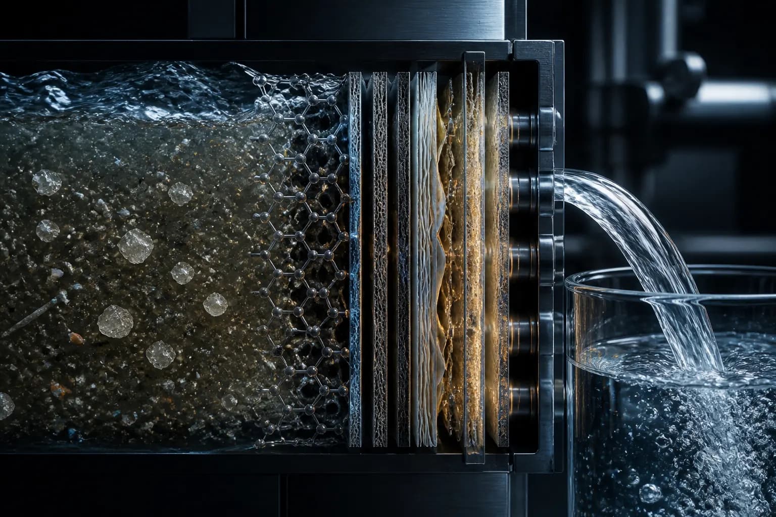 Cross-section of a purification membrane turning cloudy water into a clear glass of water.