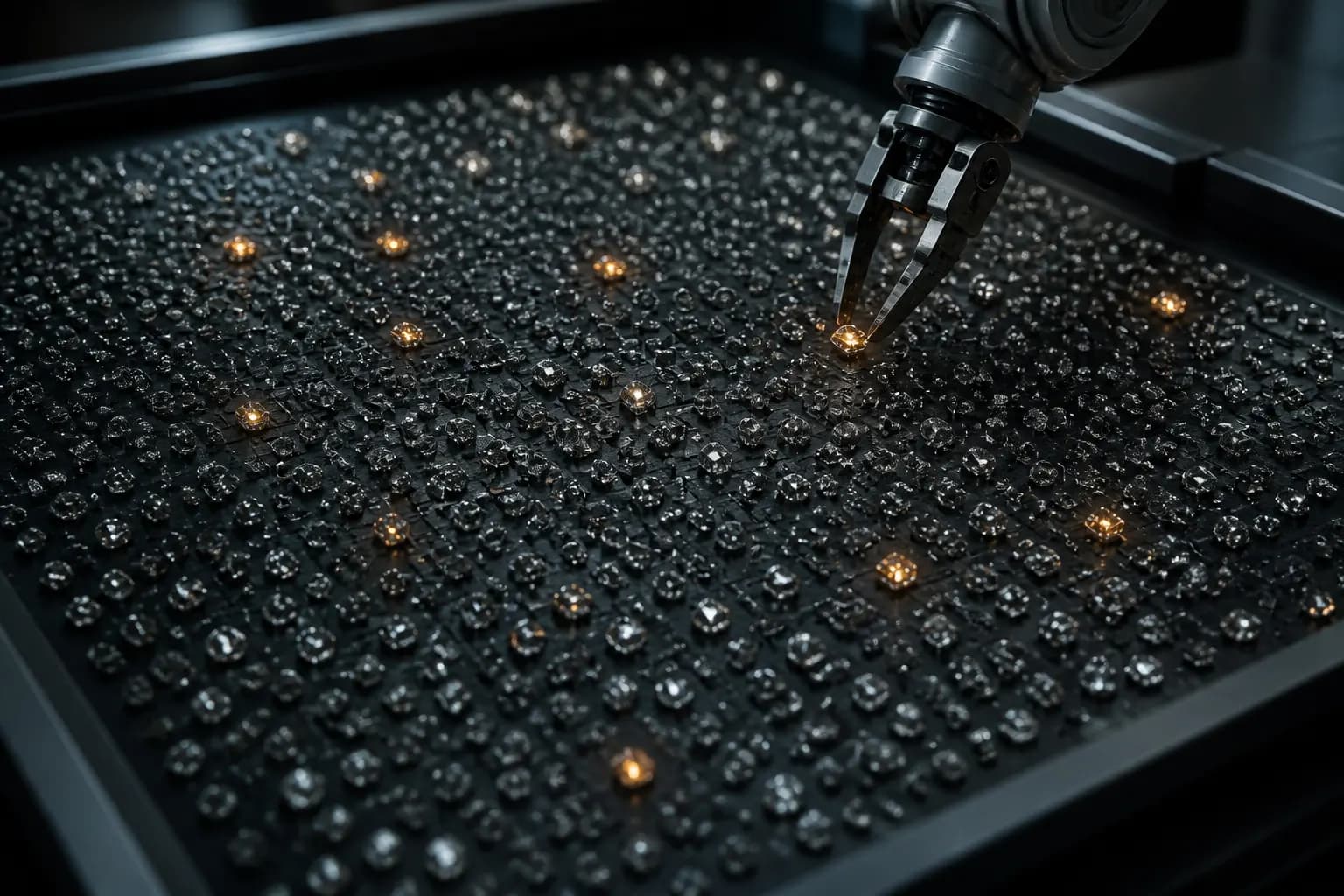 A tray of candidate crystals with a robotic gripper selecting one sample.