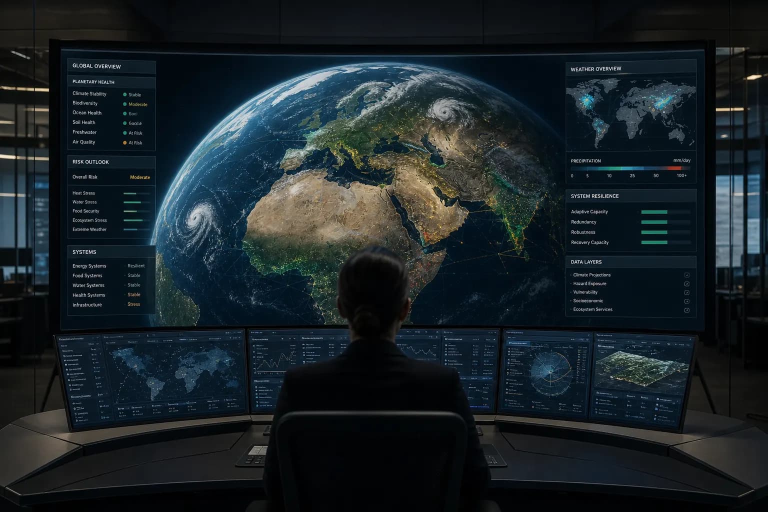 An operator at a dark console studying an Earth digital twin.
