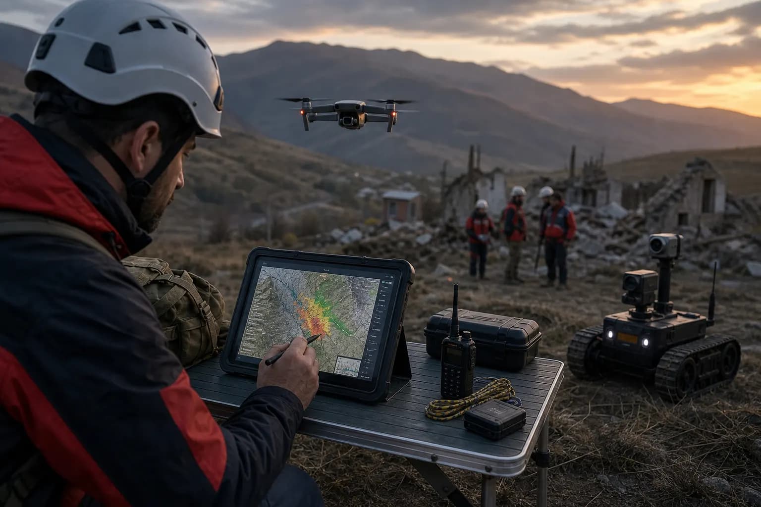 Drone and ground robot in a highland landscape for preparedness research.