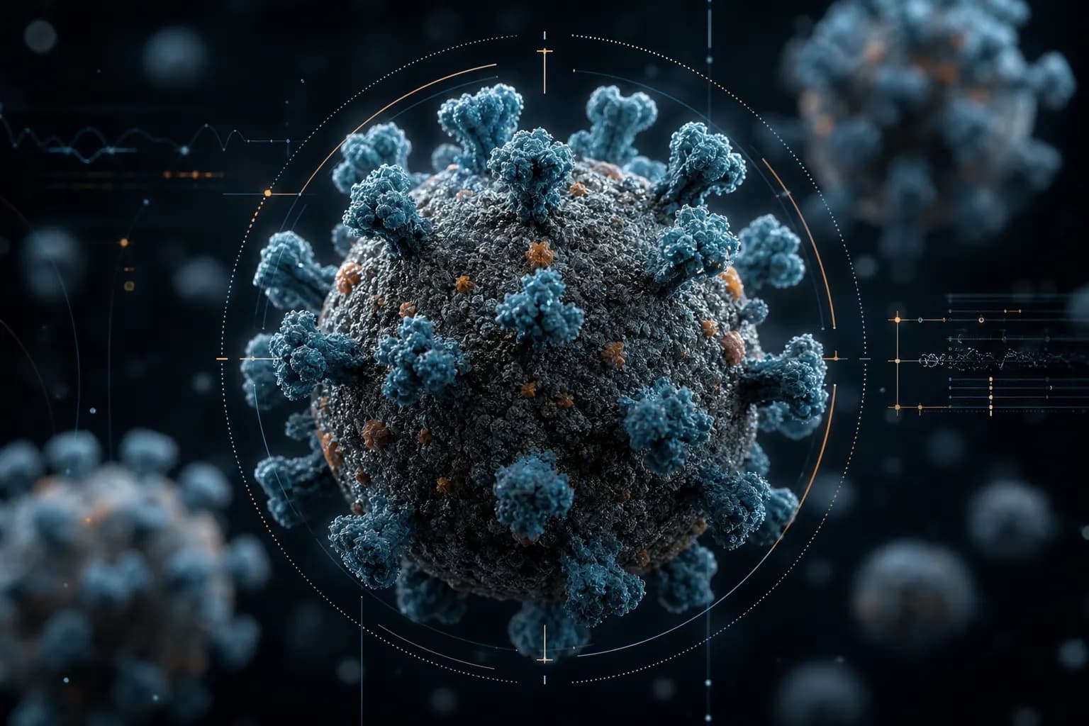 Scientific visualization of a virus particle with restrained analysis markers.