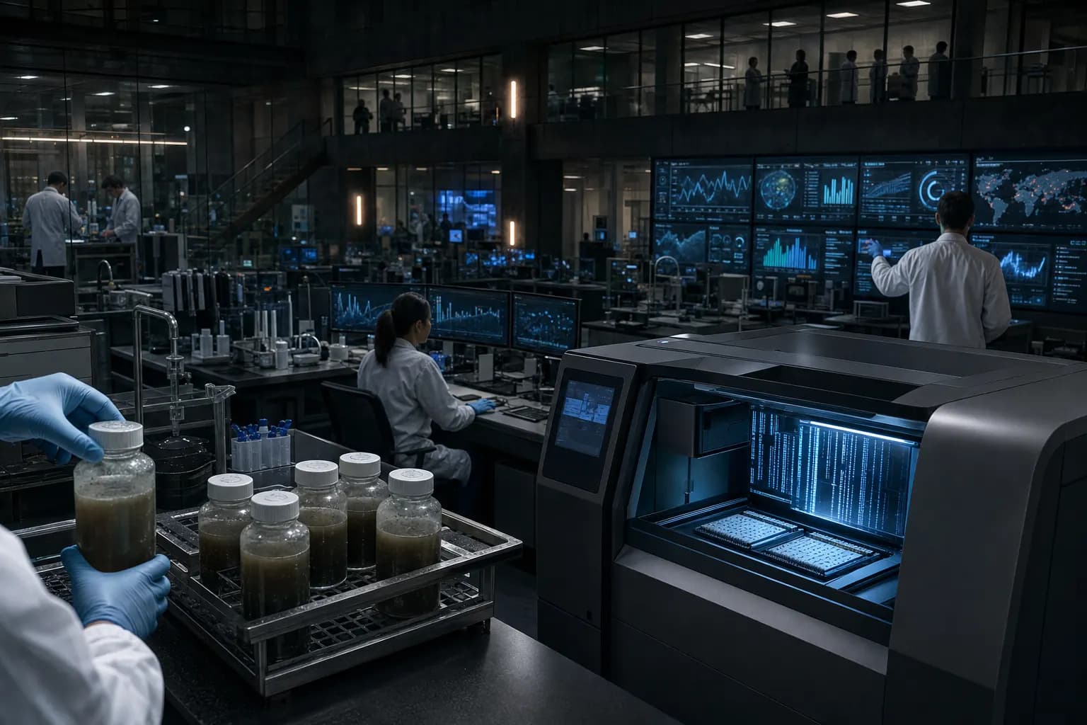 Public-health laboratory with wastewater samples and a sequencer.
