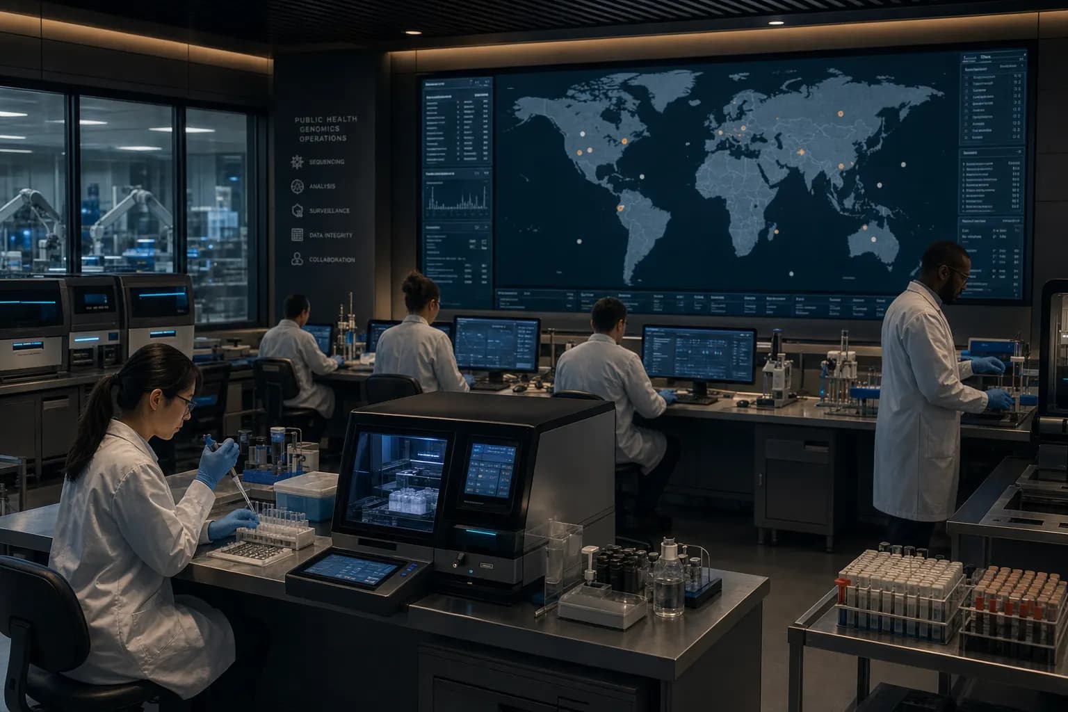 A restrained public-health operations room with a world map and sequencers.