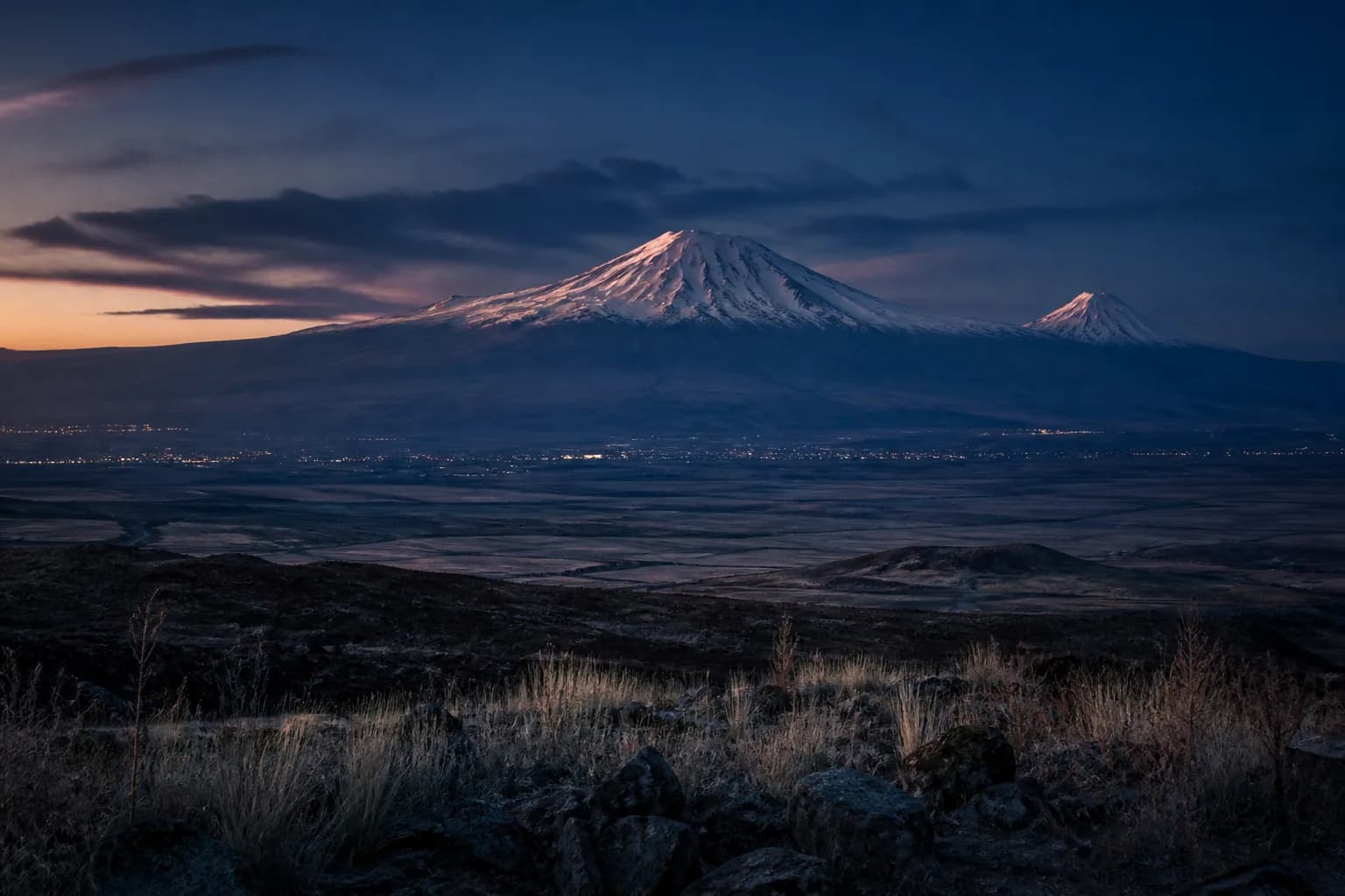 Mount Ararat seen from the Armenian highlands at dusk.