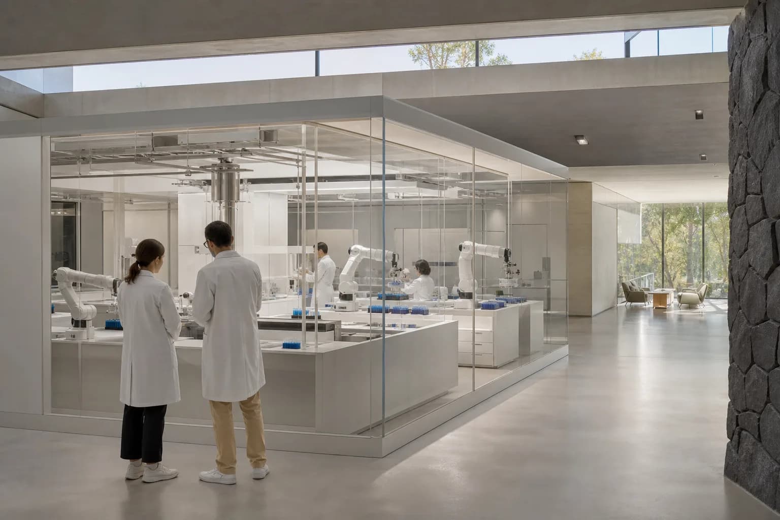 Interior of an autonomous biotechnology laboratory with robotic instrumentation.