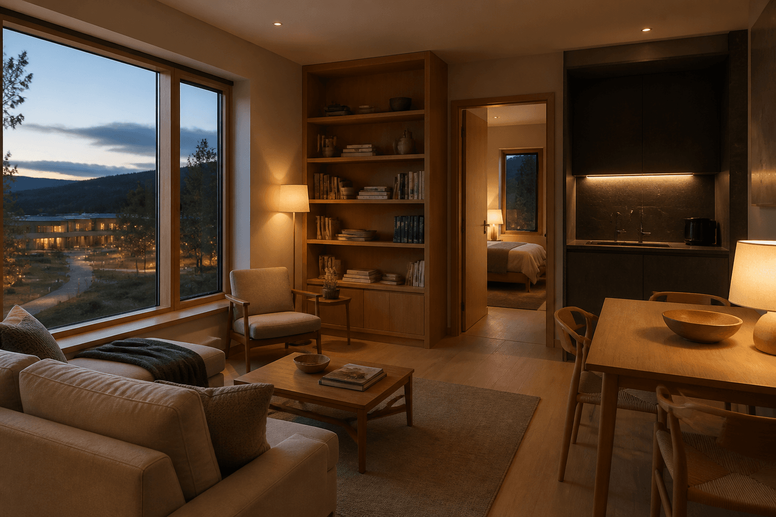 Researcher residence living room looking toward the campus at dusk.