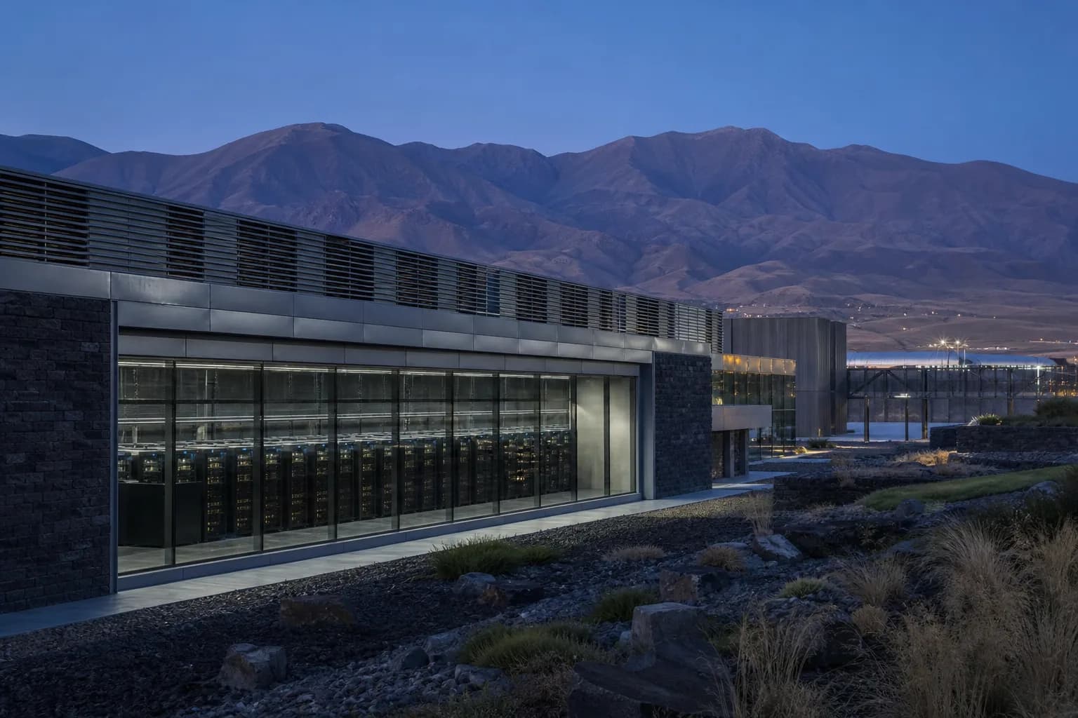 Blue-hour architectural view of an AI data-center and supercomputing district.