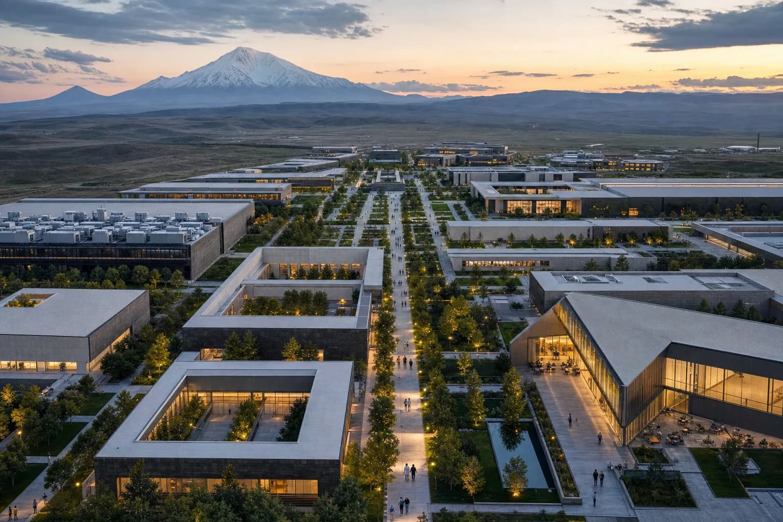 Aerial dusk visualization of a futuristic yet buildable scientific campus in the Armenian highlands, with mountains on the horizon.