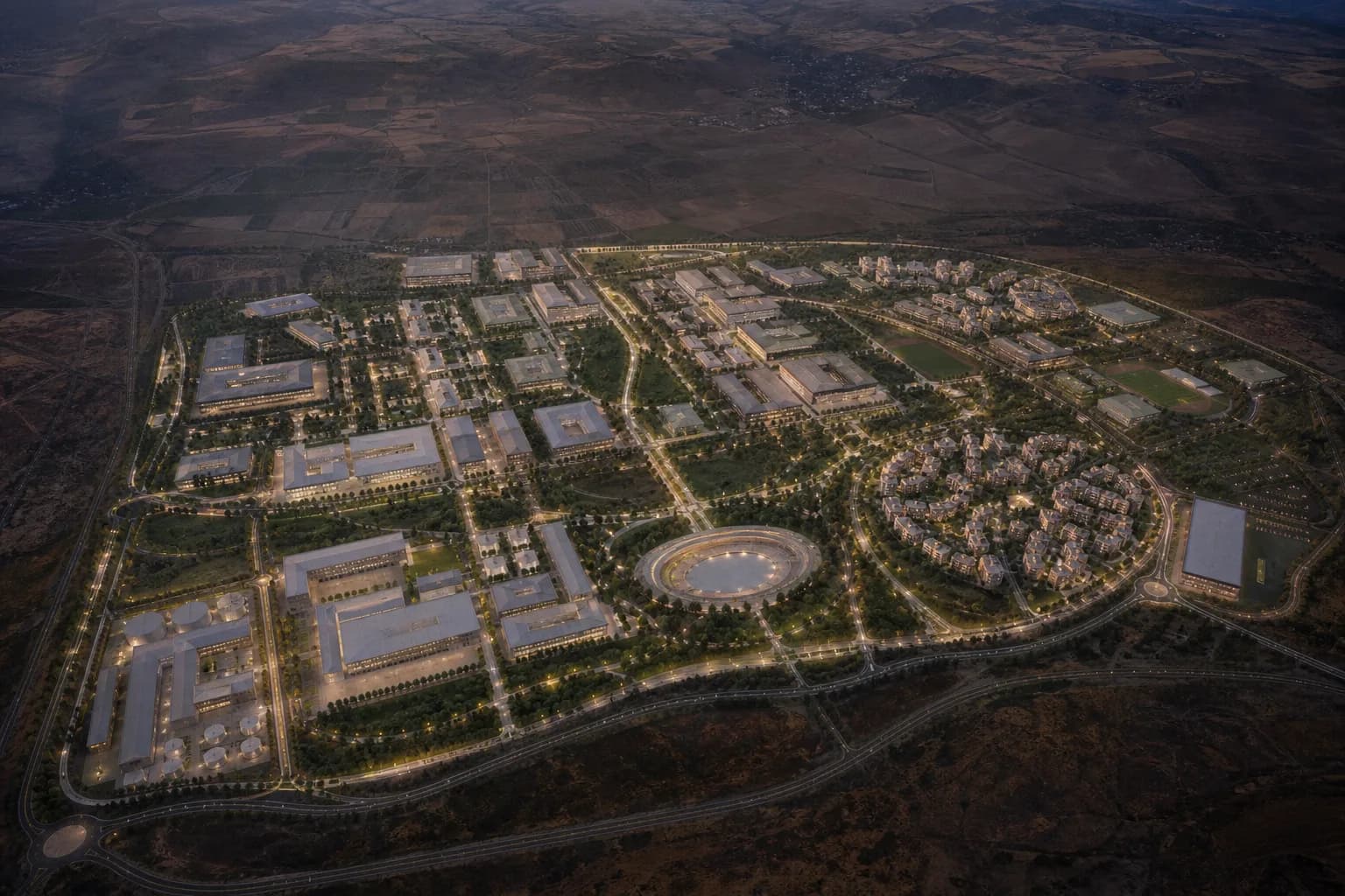 Bird's-eye visualization of a 140-hectare science-city masterplan.