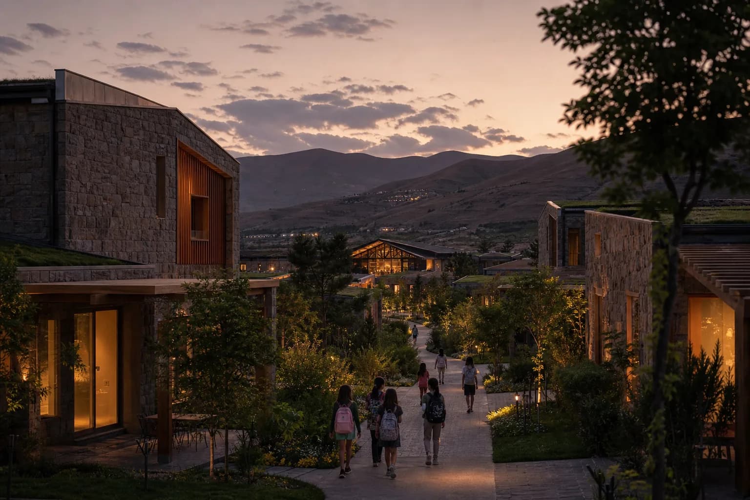 Residential science village with family housing and landscaped paths at dusk.