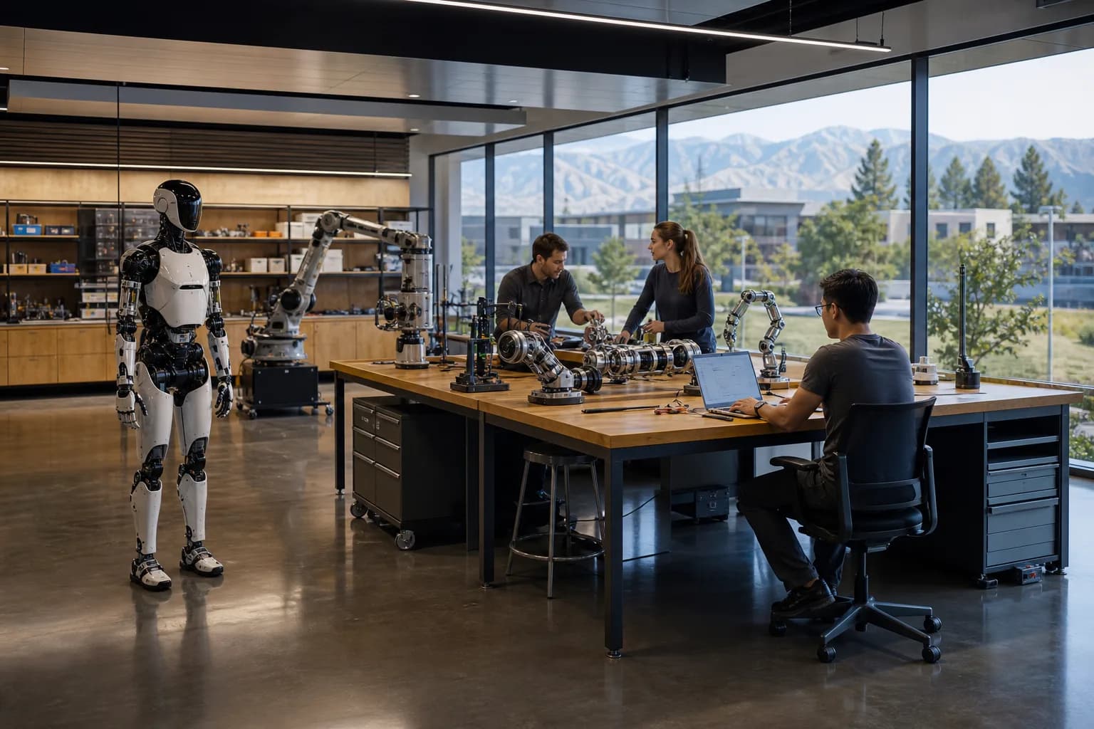 Robotics laboratory with researchers and experimental platforms.