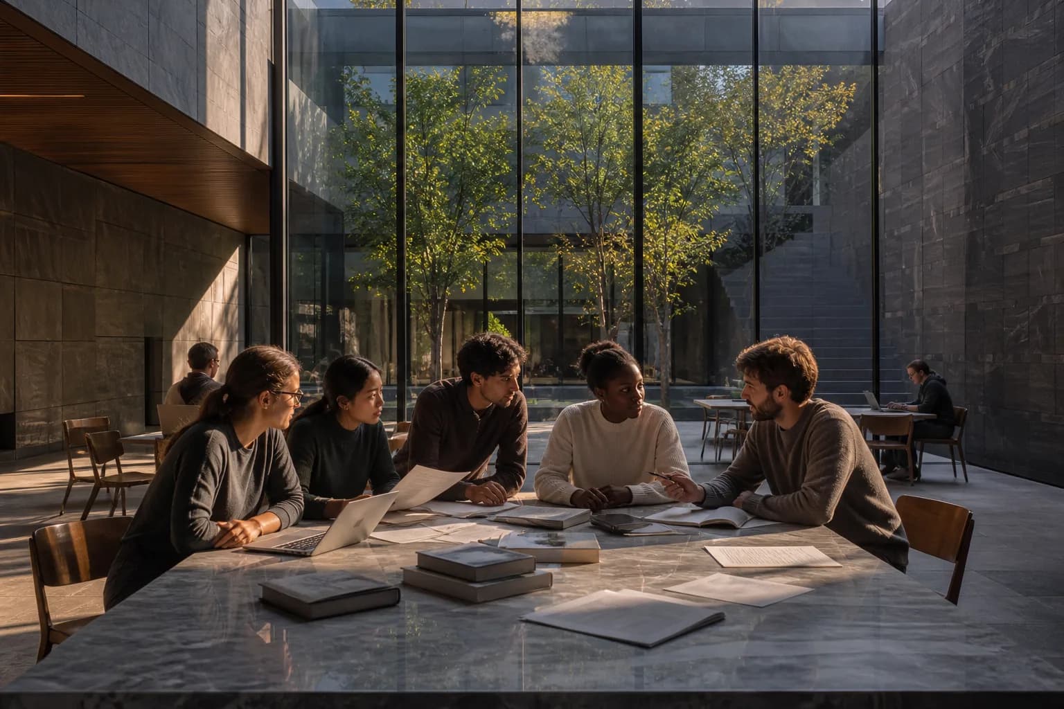 Scientists collaborating in a research atrium.